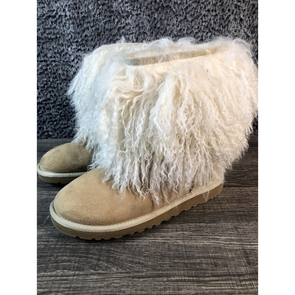 UGG Boots Womens Size 6 White Suede Shearling Fur Cuff Lined Winter 1875